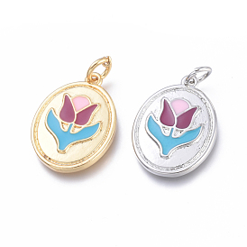Pendentifs en laiton, avec émail et anneaux de saut, plaqué longue durée, sans cadmium et sans plomb et sans nickel, ovale avec tulipe, colorées