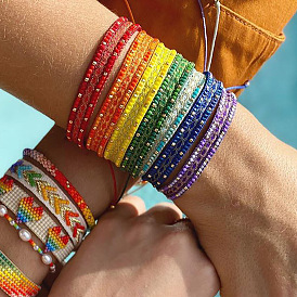 Bohemian Retro Ethnic Style Fashion Rice Beads Handwoven Rainbow Beaded Pattern Couple Hand Rope Bracelet