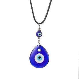 Lampwork Teardrop with Evil Eye Pendant Necklaces, with Imitation Leather Cords