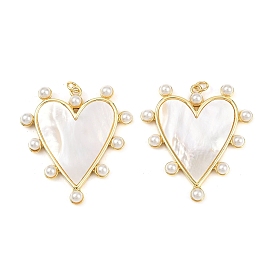 Подвески из латуни с натуральными белыми ракушками, подвески в форме сердца с жемчужинами из АБС-пластика, без кадмия и без свинца, стойки покрытие, долговечный