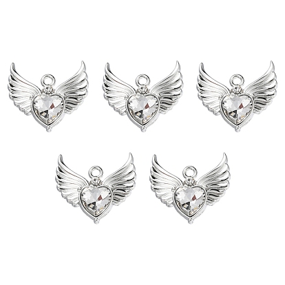 Rack Plating Alloy Glass Pendants, Cadmium Free & Lead Free & Nickle Free, Platinum, Faceted Heart Charm with Wing