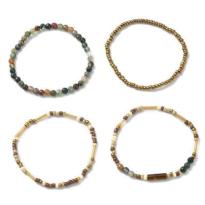 4Pcs 4 Style Natural Indian Agate & Tiger Eye & Seed Beaded Stretch Bracelets Set, Stackable Bracelets