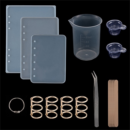 DIY Notebook Mold Making Kits, with Iron Beading Tweezers, Iron Loose Leaf Book Binder Hinged Rings, Plastic Measuring Cup & Mixing Dish