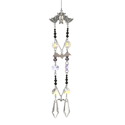 Halloween Bat Alloy Suncatcher, Glass Beads and Cone Charm Prism Window Wall Hanging Ornament