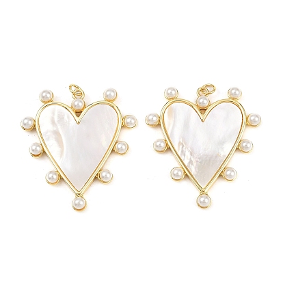 Подвески из латуни с натуральными белыми ракушками, подвески в форме сердца с жемчужинами из АБС-пластика, без кадмия и без свинца, стойки покрытие, долговечный