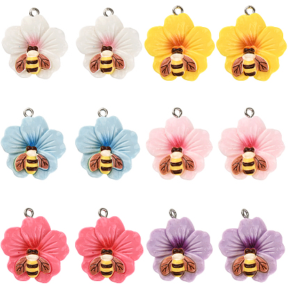 24 шт 6 цвета подвески из непрозрачной смолы, цветок с пчелой, с железной платиной петлей