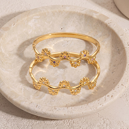 304 Stainless Steel Pave Cubic Zirconia Flower Wavy Hinged Cuff Bangles for Women, Real 18K Gold Plated