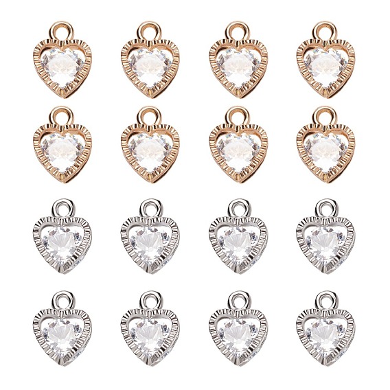 Alloy Charms, with Cubic Zirconia, Heart