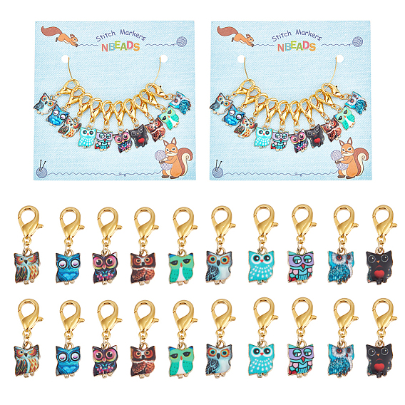 Маркеры петель подвеска сова, подвески с застежкой-лобстером из сплава с принтом, маркер с замком и кольцом с подвеской в виде винного бокала