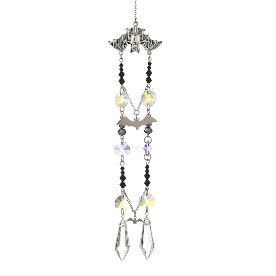 Halloween Bat Alloy Suncatcher, Glass Beads and Cone Charm Prism Window Wall Hanging Ornament