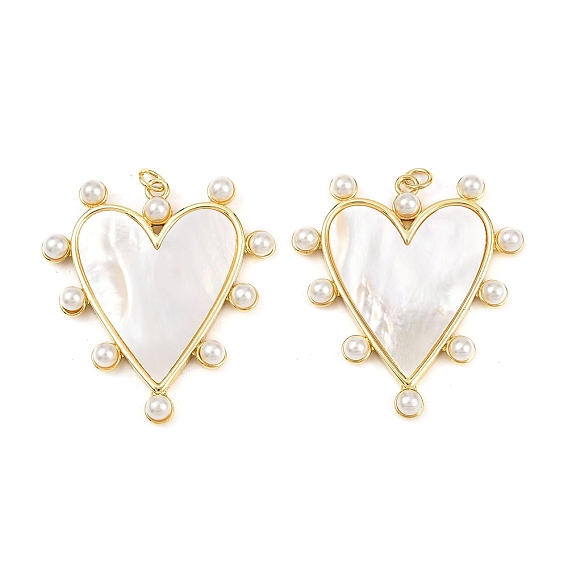 Подвески из латуни с натуральными белыми ракушками, подвески в форме сердца с жемчужинами из АБС-пластика, без кадмия и без свинца, стойки покрытие, долговечный
