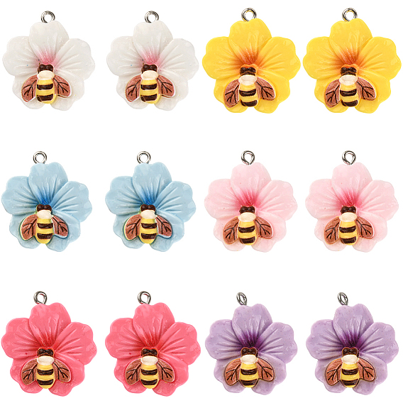 24 шт 6 цвета подвески из непрозрачной смолы, цветок с пчелой, с железной платиной петлей