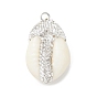 Natural Sea Shell Pendants, Oval Charms with Polymer Clay Rhinestone and Platinum Tone Brass Loops