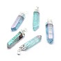 Faceted Natural Quartz Crystal Pointed Pendants, with Brass Finding, AB Color Plated, Bullet, Silver