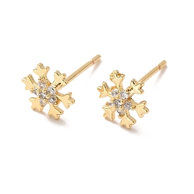Clear Cubic Zirconia Snowflake Stud Earrings, Brass Jewelry for Women, Cadmium Free & Nickel Free & Lead Free