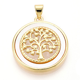 Латунный паве натуральный ракушка полая плоская круглая с подвесками в виде дерева жизни, цвет морской раковины