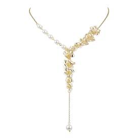 Brass Flower Lariat Necklace, with Shell Pearl Beaded