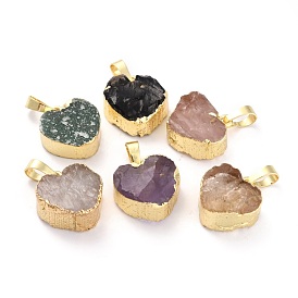 Pendentifs pierres précieuses naturelles mixtes, avec les accessoires en laiton dorés, cœur