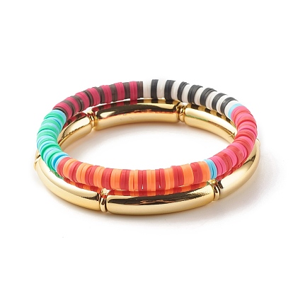 Chunky Curved Tube Beads Stretch Bracelets Set, Polymer Clay Heishi Surfering Bracelets for Women