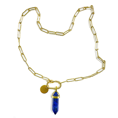 Natural Lapis Lazuli Double Terminated Pointed Pendant Necklace for Men Women, Brass Paperclip Chain Necklace