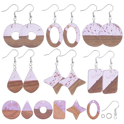 DIY Dangle Earring Making Kits, Including Transparent Resin & Walnut Wood Pendants, Brass Earring Hooks and Iron Jump Rings, Mixed Shapes