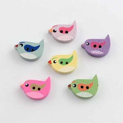 2-Hole Printed Wooden Buttons, Bird, 14x21x4mm, Hole: 2mm
