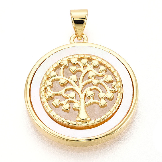 Латунный паве натуральный ракушка полая плоская круглая с подвесками в виде дерева жизни, цвет морской раковины
