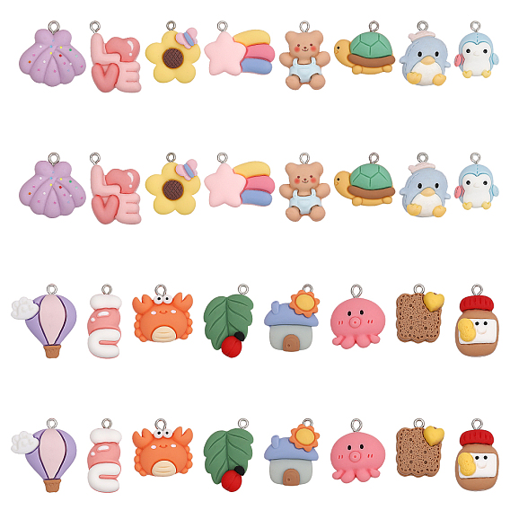 32 шт 16 стили подвески из непрозрачной смолы, мультфильм прелести, с платиновыми тоновыми железными петлями, дом и подсолнух и краб, разнообразные