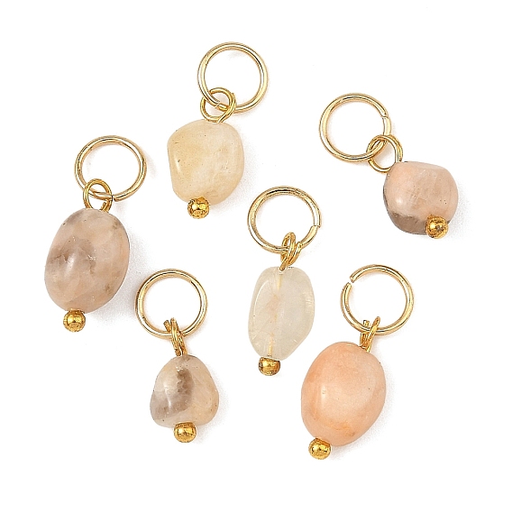 Natural Sunstone Pendants, Nuggets Charms with 304 Stainless Steel Jump Rings