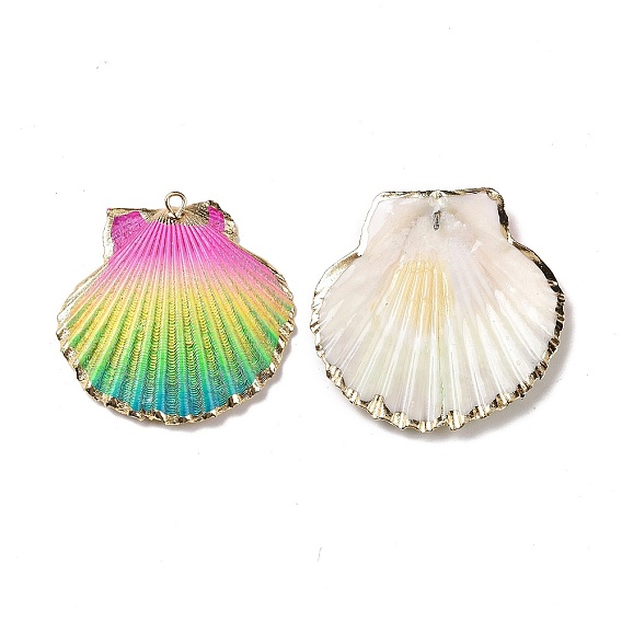 Spray Painted Natural Sea Shell Pendants, with Rack Plating Light Gold Tone Brass Loops, Shell Shape