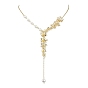 Brass Flower Lariat Necklace, with Shell Pearl Beaded