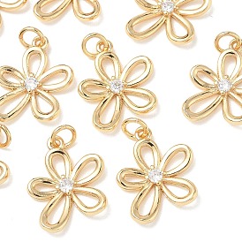 SHEGRACE Brass Micro Pave Clear Cubic Zirconia Pendants, Flower Charms, Cadmium Free & Nickel Free & Lead Free