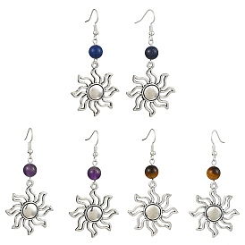 3 paires 3 boucles d'oreilles pendantes en perles de pierres précieuses naturelles mélangées de style, Boucles d'oreilles longues en alliage de style tibétain soleil