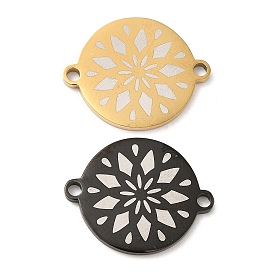 Ion Plating(IP) 304 Stainless Steel Connector Charms, Flat Round Links with Flower Pattern