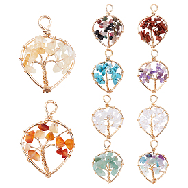 10Pcs 10 Style Natural & Synthetic Gemstone Pendants, Golden Tone Brass Wire Wrapped, Tree, Heart