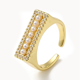 Rectangle Rack Plating Brass Micro Pave Clear Cubic Zirconia Open Cuff Rings, with ABS Imitation Pearl