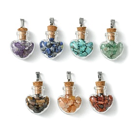 7Pcs 7 Styles Mixed Stone Chip Heart Glass Wishing Bottle Pendants, Chakra Bottle Charms with Stainless Steel Color Tone 201 Stainless Steel Snap on Bails
