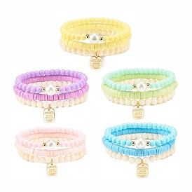 3Pcs Handmade Polymer Clay Heishi Surfer Stretch Bracelets Set with Glass Pearl, Preppy Bracelets with Alloy Word Charms for Women