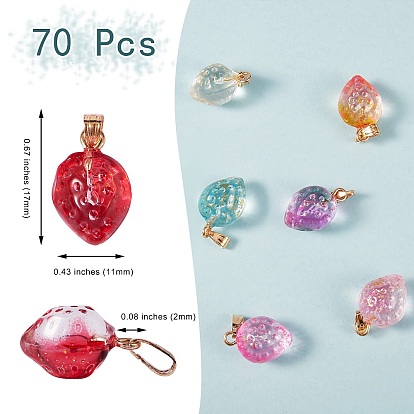 70Pcs 7 Colors Two Tone Transparent Spray Painted Glass Pendants, with Golden Plated Iron Bails and Gold Foil, Strawberry