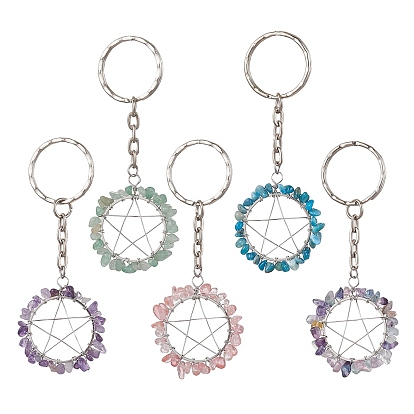 Gemstone Pendants Keychain, with Iron Clasp Finding, Ring with Star