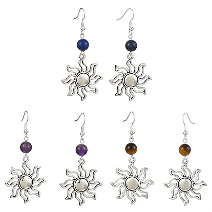 3 Pairs 3 Style Natural Mixed Gemstone Beaded Dangle Earrings, Sun Tibetan Style Alloy Long Drop Earrings