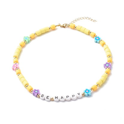 Handmade Polymer Clay Beaded Necklaces, with Acrylic Beads and Brass Beads, Flower & Be Happy