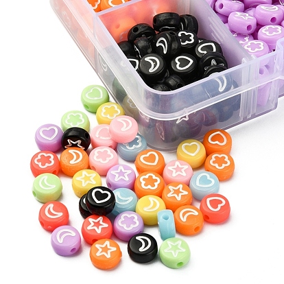 440Pcs 8 Colors Opaque Acrylic Beads, Flat Round with White Heart & Flower & Moon & Star Pattern