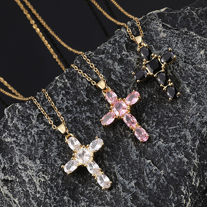 Cross Brass Pendant Necklaces with Rhinestone