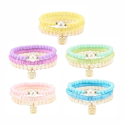3Pcs Handmade Polymer Clay Heishi Surfer Stretch Bracelets Set with Glass Pearl, Preppy Bracelets with Alloy Word Charms for Women