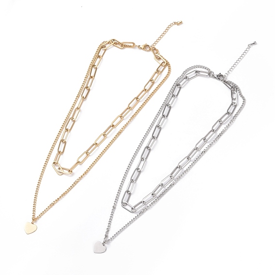 304 Stainless Steel Double Chains Multi Layered Necklace with Heart Charms for Women
