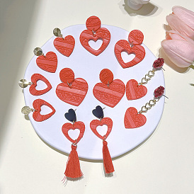 Valentine's Day Red Heart Hollow Embossed Embossed Stud Earrings Female Jewelry Soft Pottery Earrings Wind Earrings