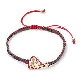 Adjustable Nylon Braided Bead Bracelets, Christmas Tree Brass Bracelets for Women, Red