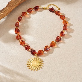 304 Подвеска в виде солнца из нержавеющей стали, бусы из искусственного янтаря с имитацией янтарных самородков, колье для женщин, темно-красный