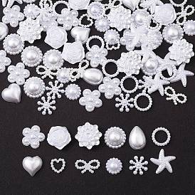 100 pcs 12 styles cabochons de perles d'imitation en plastique abs, fleur/coeur/larme/étoile de mer/nœud/bague